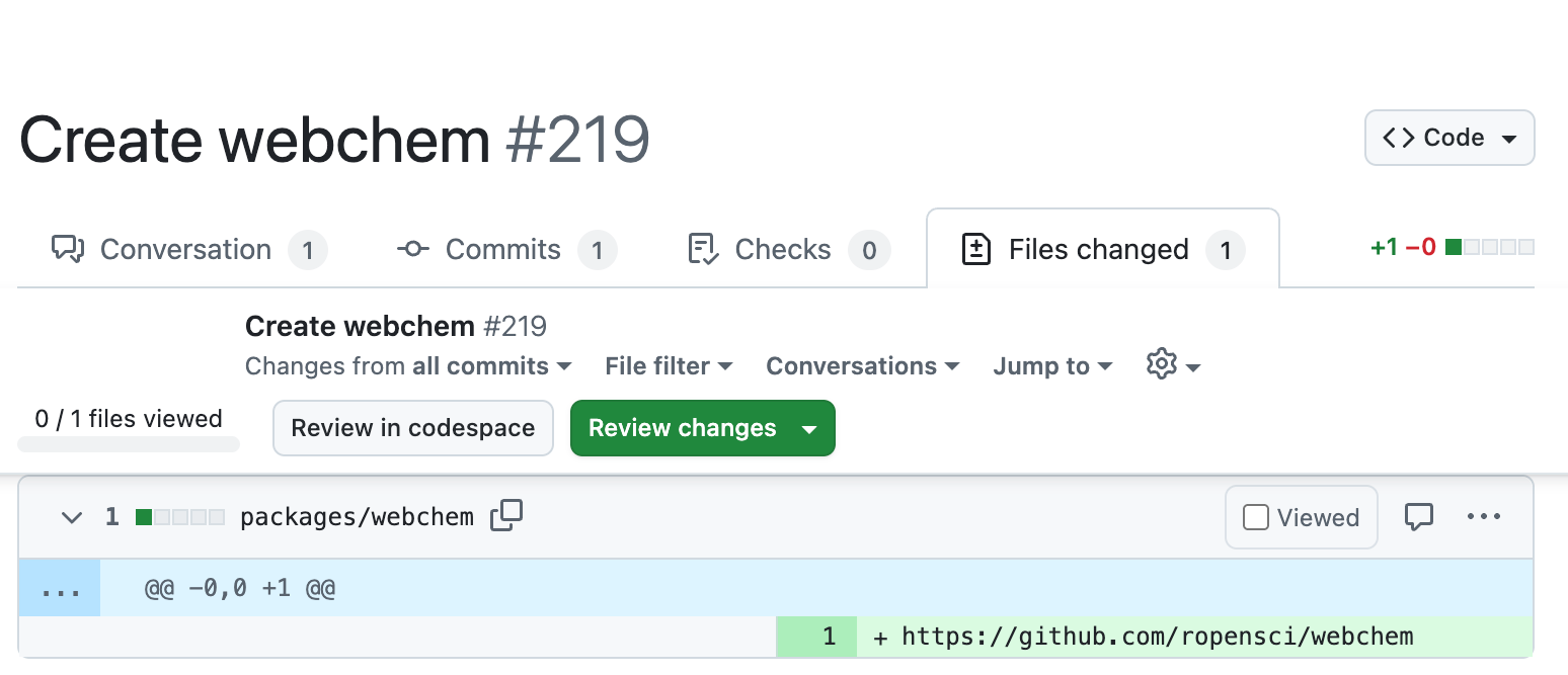 Pull request de GitHub Create webchem #219 con pestañas superiores, botones de revisión y archivo modificado packages/webchem con línea añadida