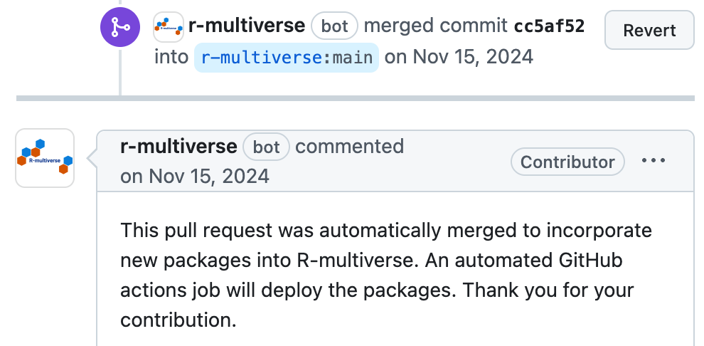 Comentario del bot r-multiverse confirmando fusión automática del pull request en r-multiverse:main el 15 de noviembre de 2024